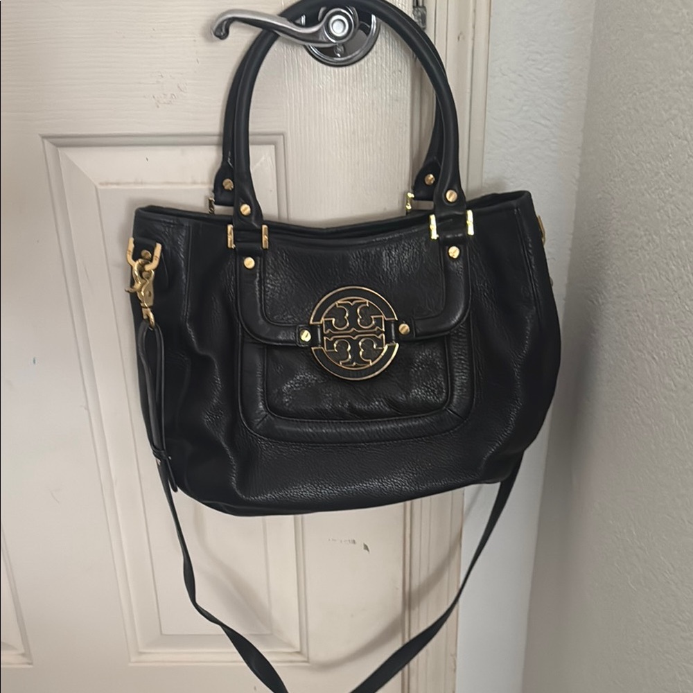 Tory Burch Black and Gold Shoulder Bag with Quilted Design